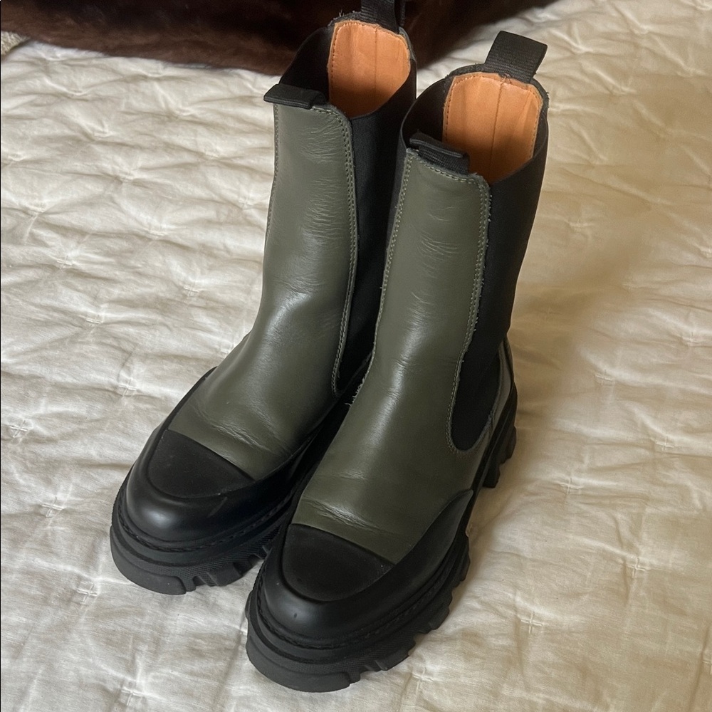 Ganni Green and Black Combat Boots